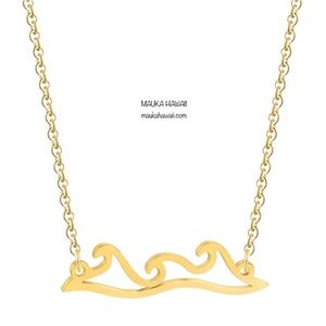 Stainless Ocean Beach Waves Gold Silhouette Pendant Necklace w 18in Chain New!